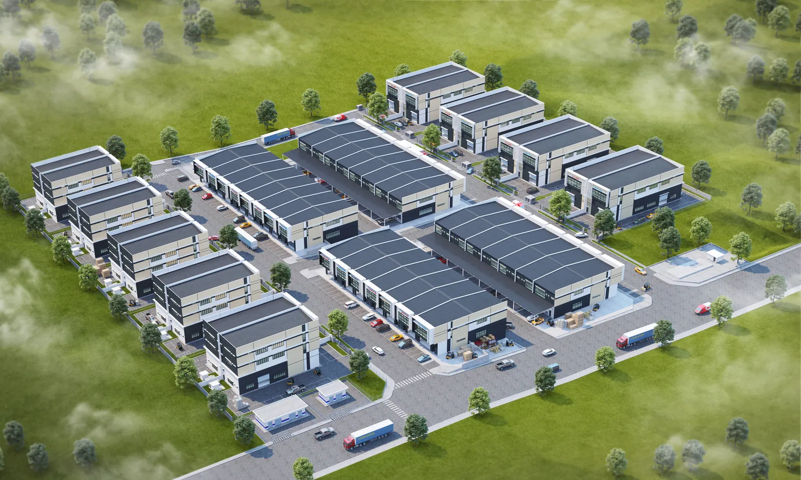 Aerial artist's impression of 68 Square showing the Semi-D and terrace factory blocks