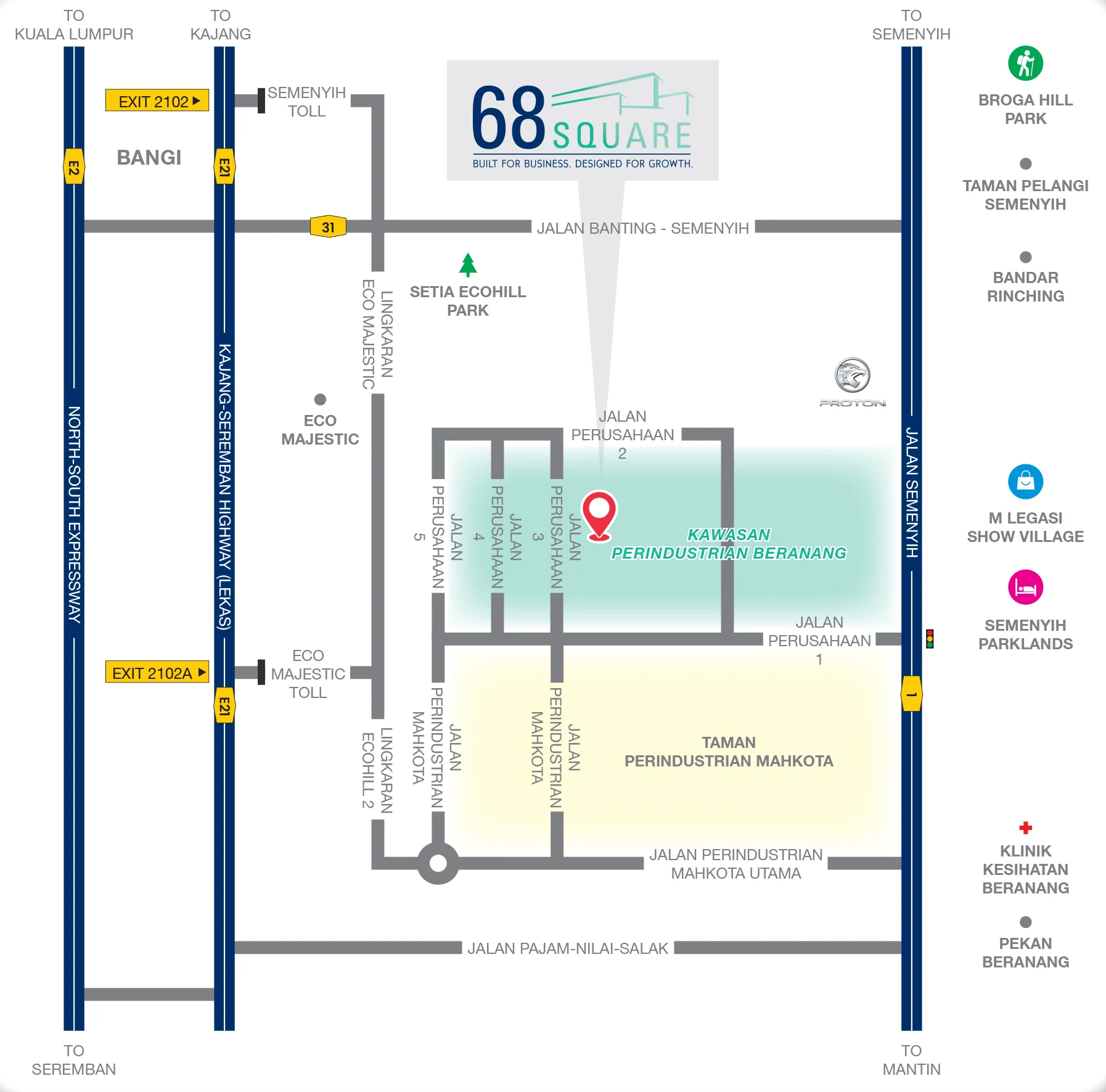 Location map of 68 Square in Kawasan Perindustrian Beranang, near Jalan Semenyih, LEKAS Exit 2102 and 2102A