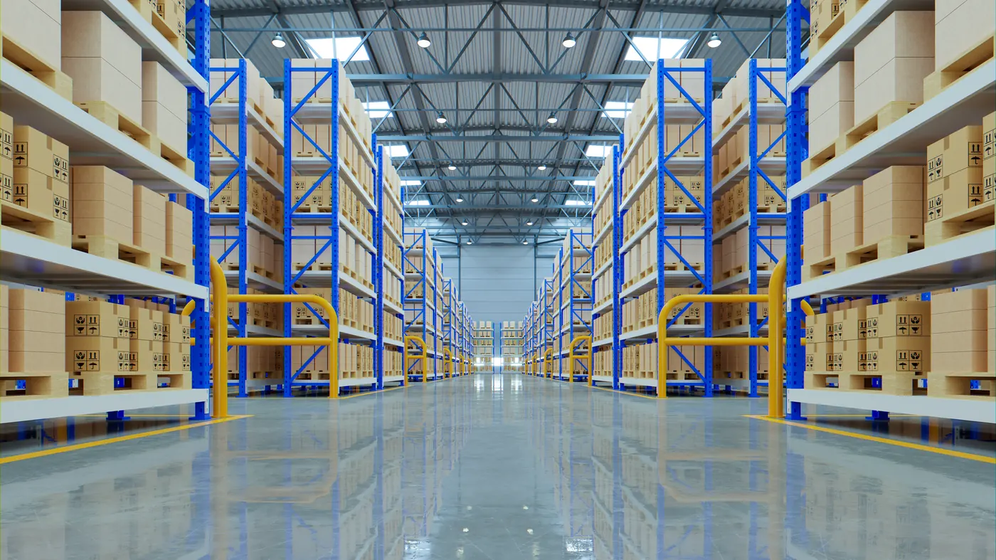 High-bay warehouse with racking and a polished concrete floor