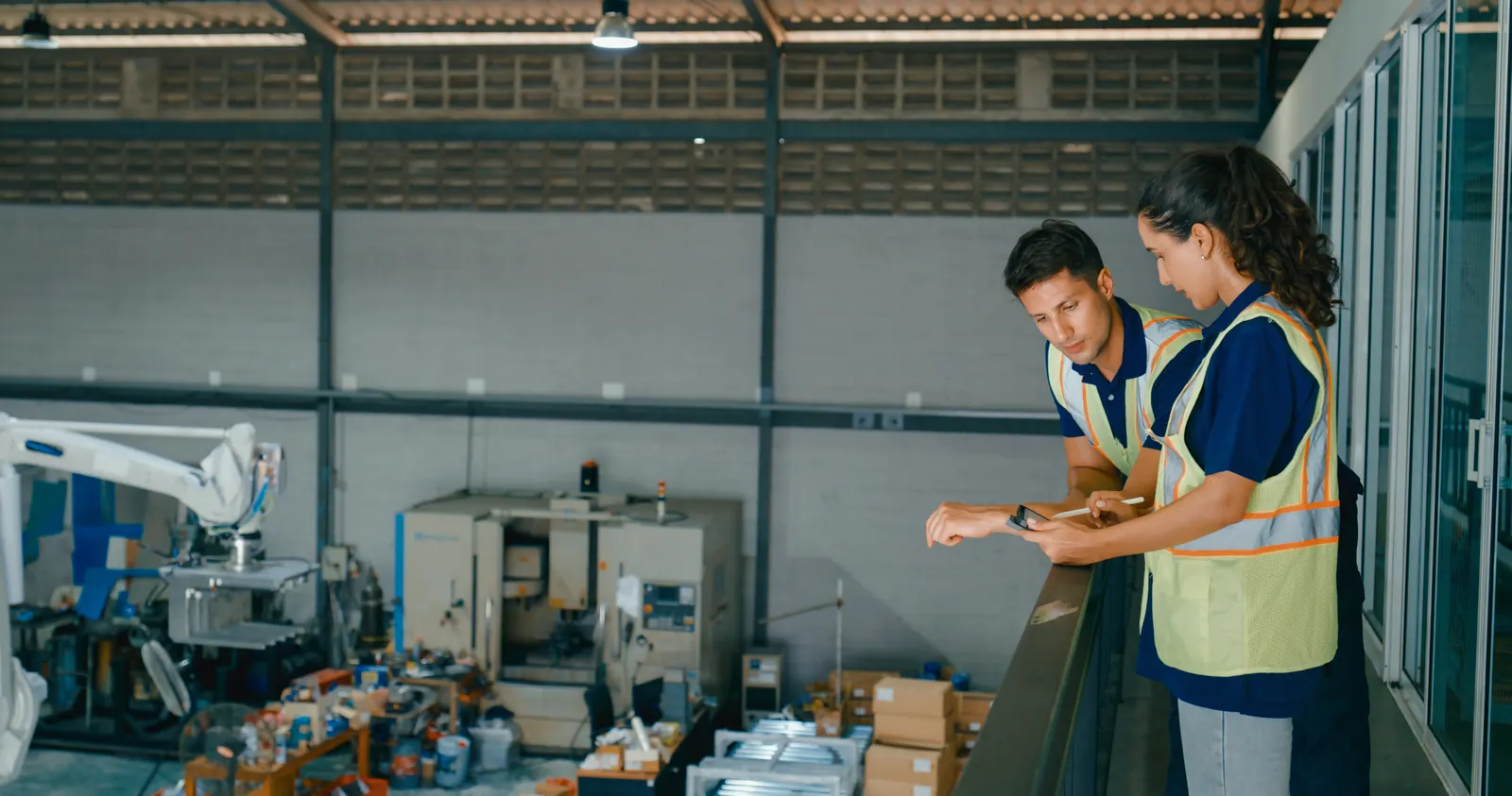 Two workers reviewing parts in a factory workshop